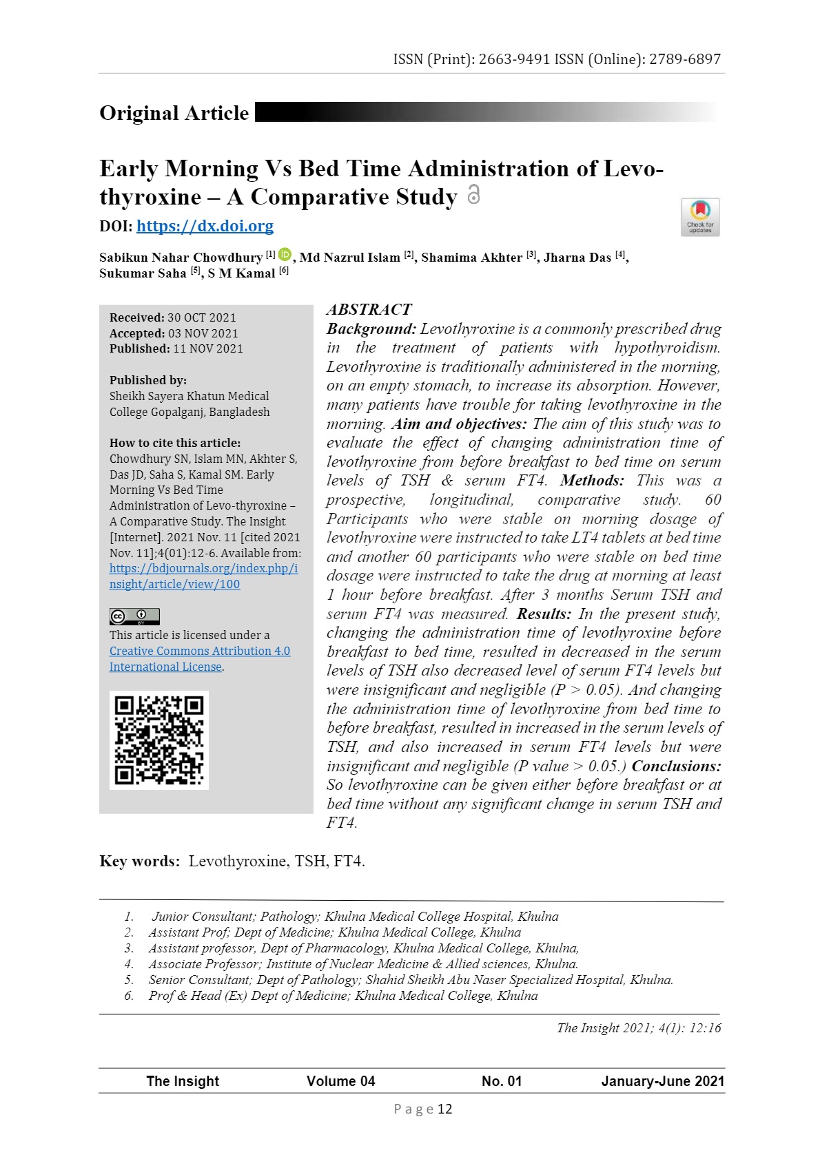Early Morning Vs Bed Time Administration of Levo-thyroxine – A Comparative Study
