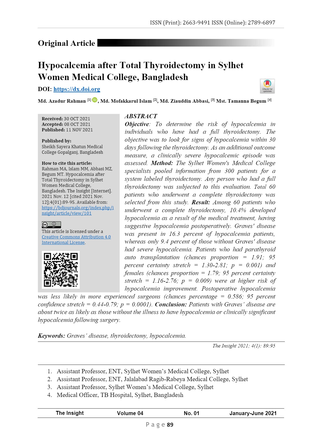 Hypocalcemia after Total Thyroidectomy in Sylhet Women Medical College, Bangladesh