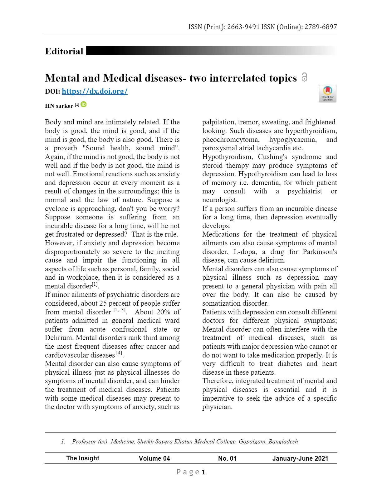Editorial Mental and Medical diseases- two interrelated topics