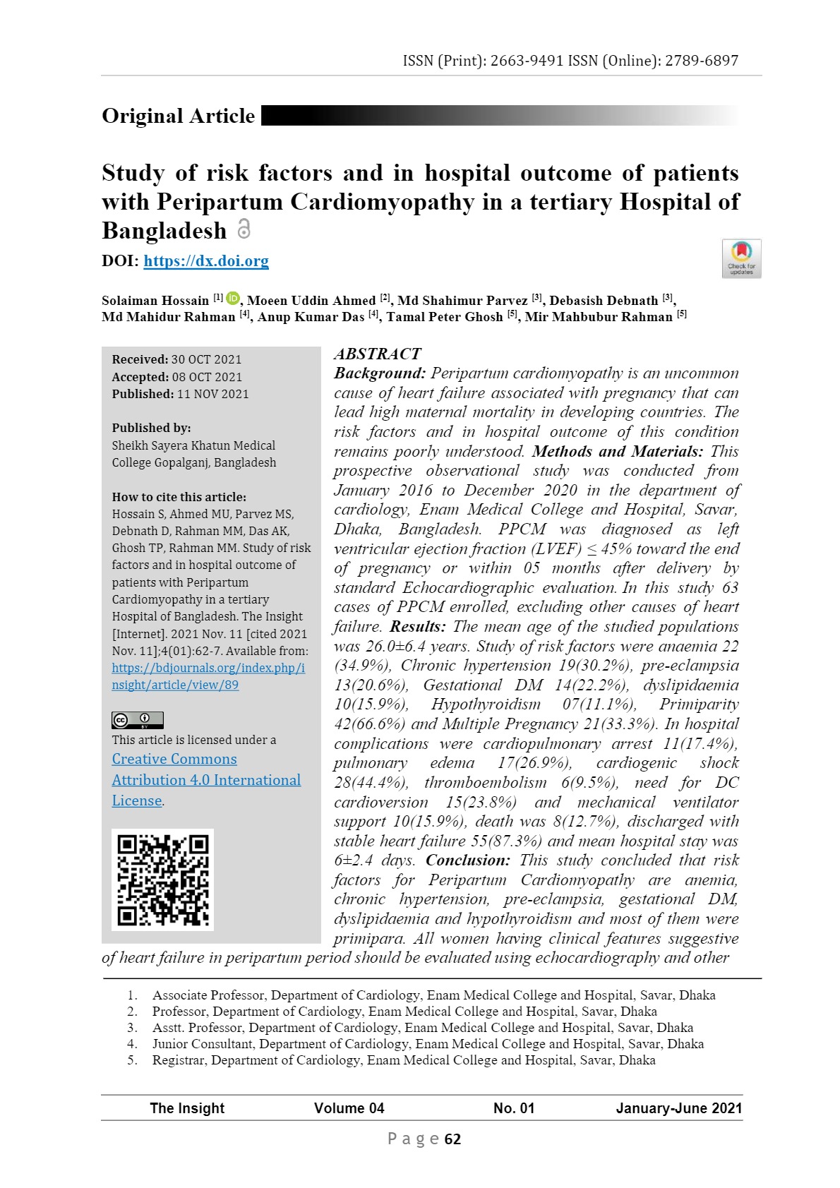 Study of risk factors and in hospital outcome of patients with Peripartum Cardiomyopathy in a tertiary Hospital of Bangladesh