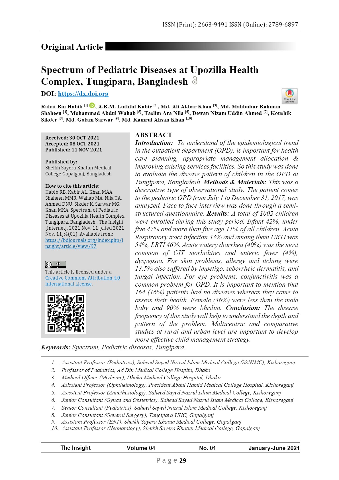 Spectrum of Pediatric Diseases at Upozilla Health Complex, Tungipara, Bangladesh