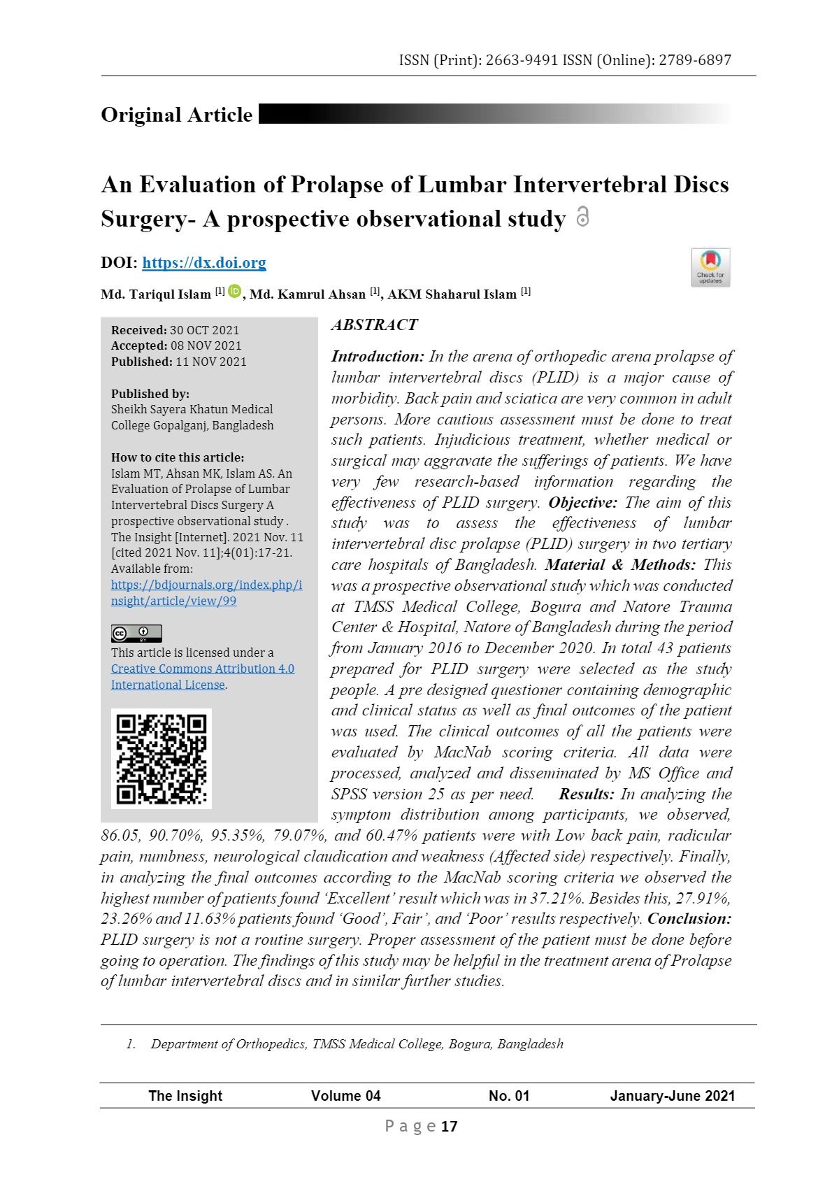 An Evaluation of Prolapse of Lumbar Intervertebral Discs Surgery A prospective observational study